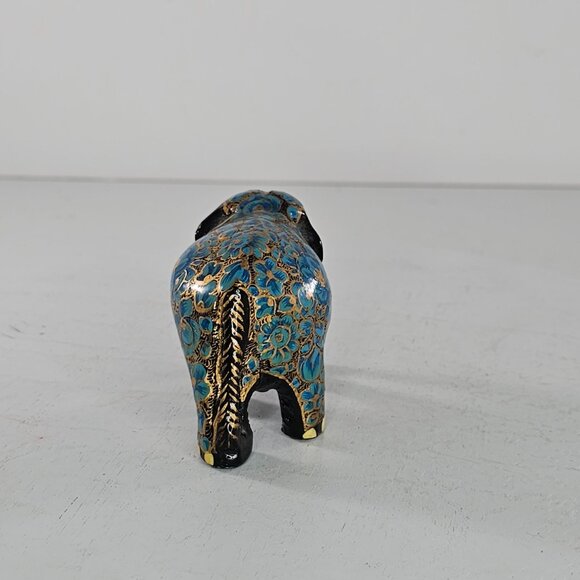Hand-Painted Paper Mache Wood Elephant Figurine Blue Gold Floral Black 2" - Picture 4 of 8